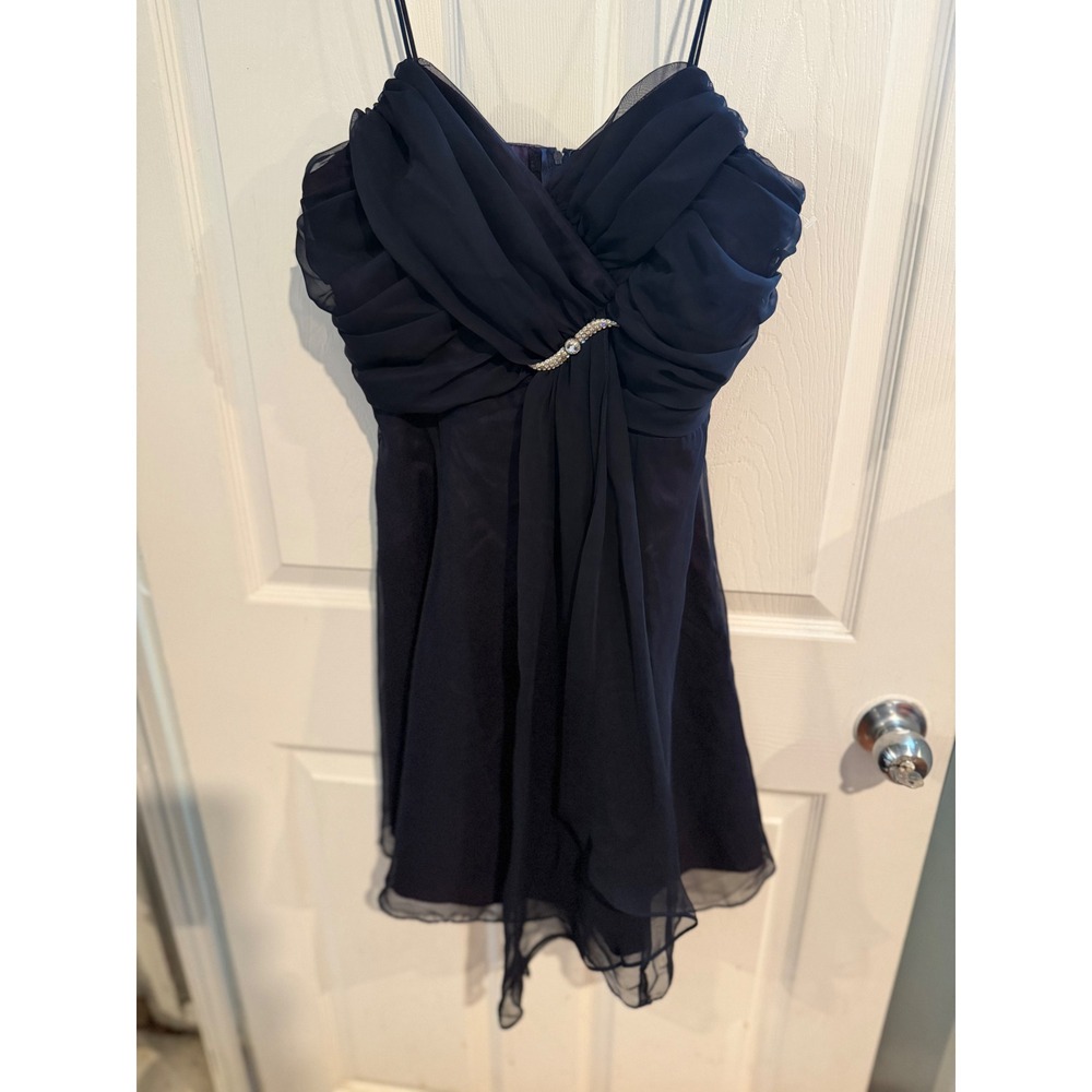 Brunella Vintage Navy Blue Chiffon Ruched Rhinestone Mini Cocktail Dress Size M